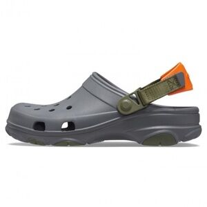CROCS • classic clogs • all terrain • slate Gray, Orange and hunter green trim •